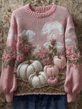 Thanksgiving Pumpkins Pink Floral Beaded Cozy Knit Sweater artswardrobe