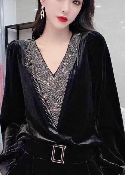 Black V Neck Sequins Silk Velour Top Long Sleeve