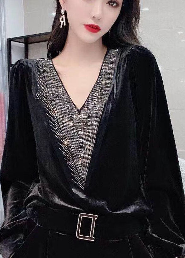 Black V Neck Sequins Silk Velour Top Long Sleeve