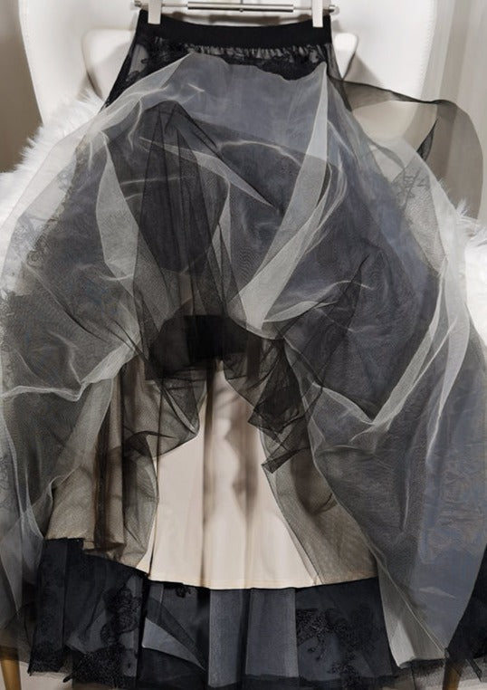 Black Embroideried Butterfly Tulle High Waist Summer Skirts