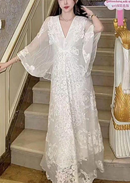 White V Neck Embroidered Cotton Maxi Dresses Batwing Sleeve
