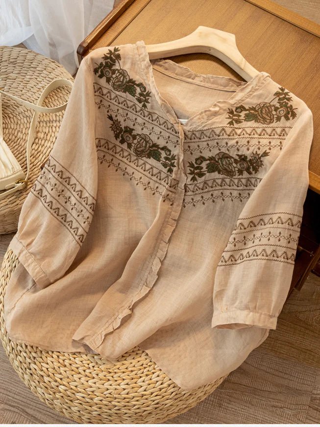 Embroidered Crew Neck 3/4 Sleeve Linen Top