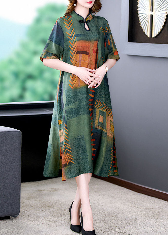 Green Stand Collar Print Side Open Patchwork Silk Dresses Summer