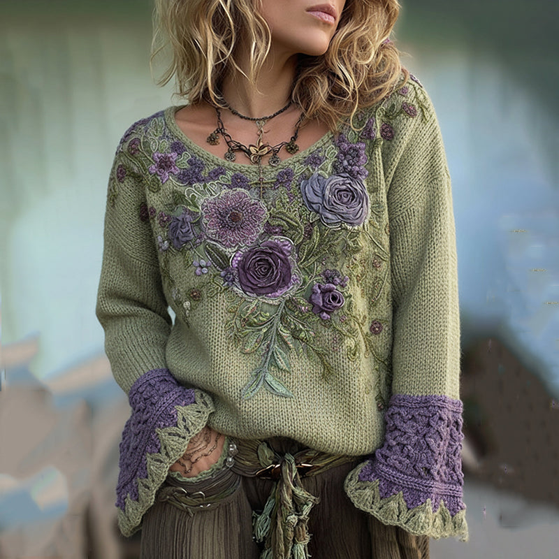 Classy Gradient Purple Lavender And Floral Embroidered Sweater elevenforest