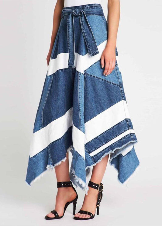 Blue Asymmetrical Patchwork Denim a Line Skirts Summer