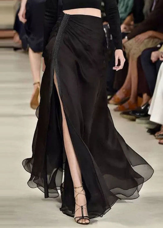 Black Ruffled Side Open Patchwork Chiffon Skirt Summer