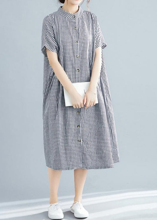 Black White Plaid Cotton Pockets Summer Dress