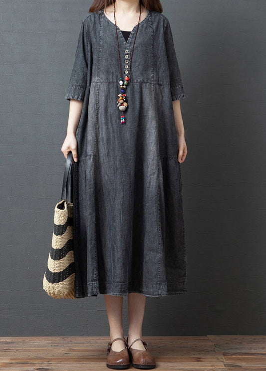 Black V Neck Cotton Denim Holiday Dress Half Sleeve