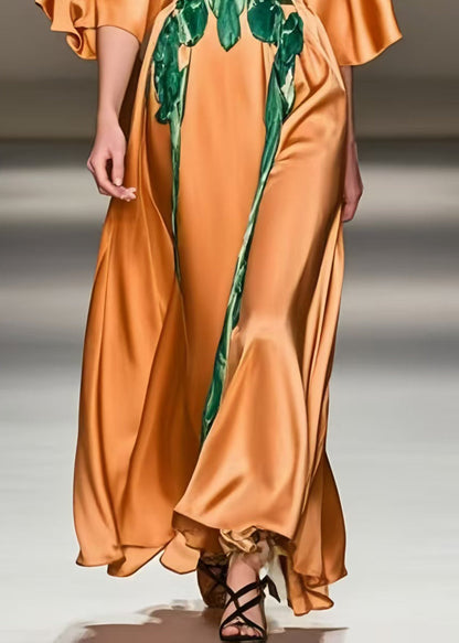 Orange Print Silk Long Dress Half Sleeve