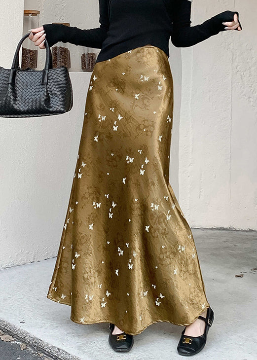 French Gold Print High Waist Silk Skirt Fall