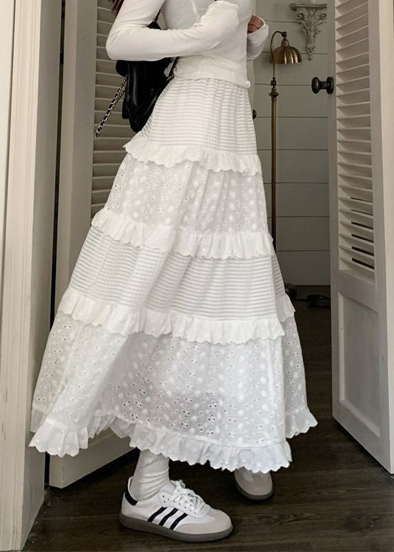 White Ruffled Hollow Out Cotton Skirts Summer