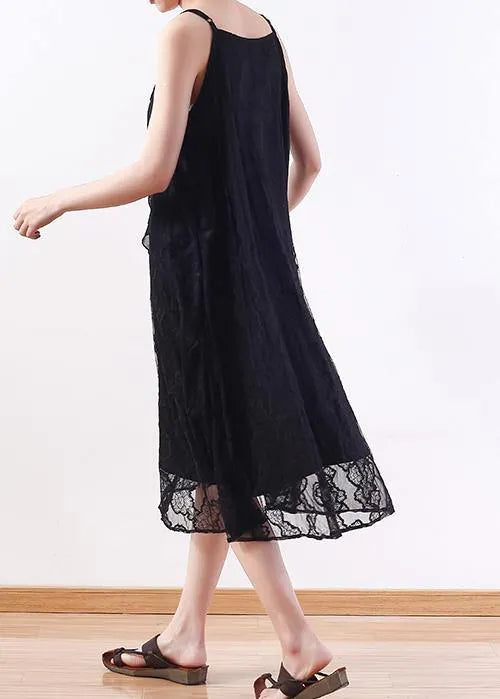 Black Lace Tunics Fine Design Sleeveless Art Summer Dresses