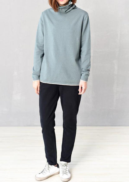 Long Sleeve Knit Tops High Neck Sweater Blue