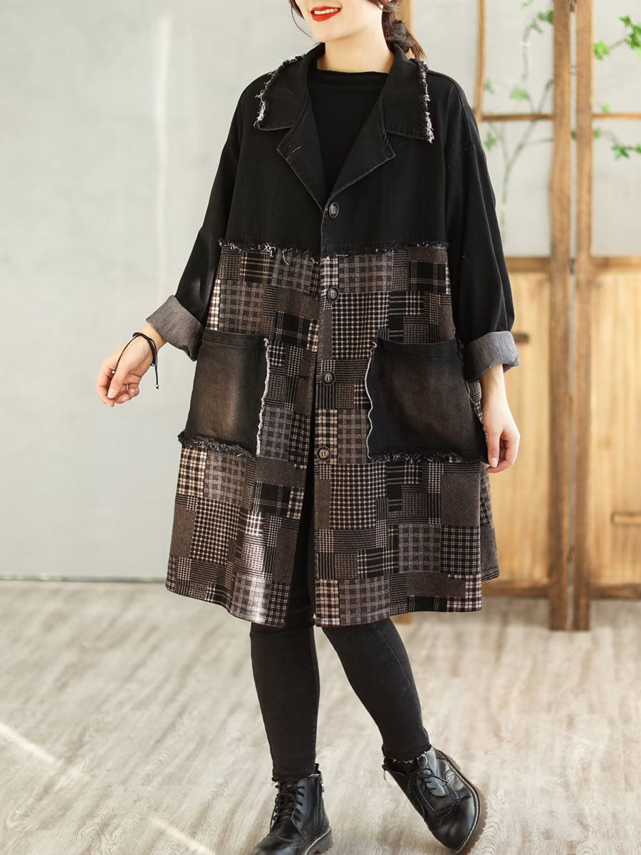 Spring Spliced Plaid Pocket Denim Coat