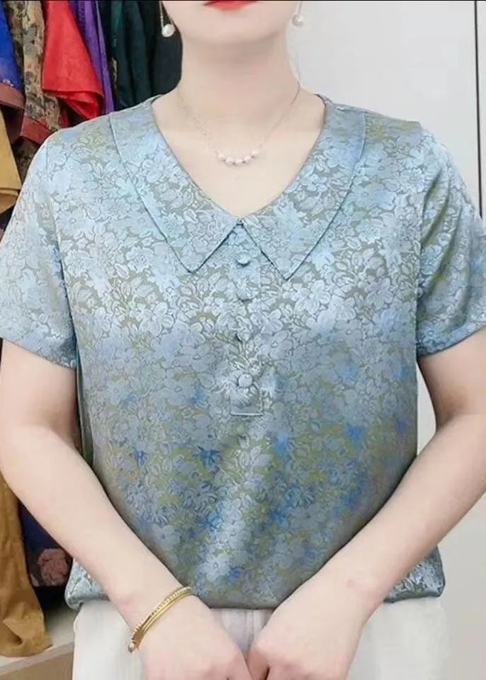 Green Peter Pan Collar Print Patchwork Silk T Shirt Summer