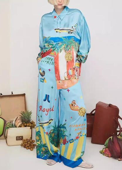 Blue Peter Pan Collar Shirts and Wide Leg Pants Two Pieces Set Spring