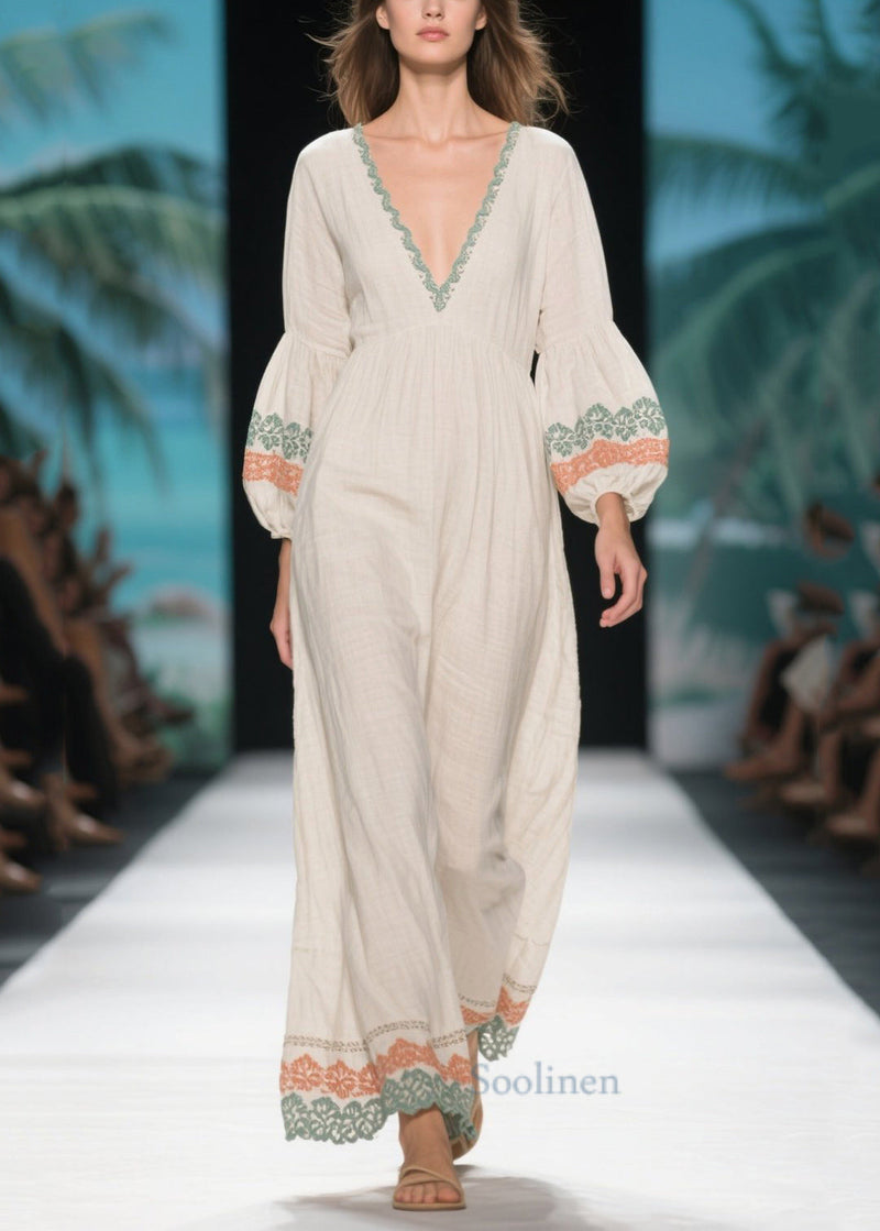 White V Neck Patchwork Linen Dress Lantern Sleeve