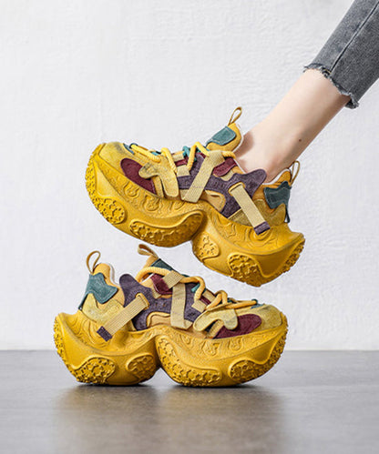 Yellow Platform Shoes Suede Splicing Lace Up