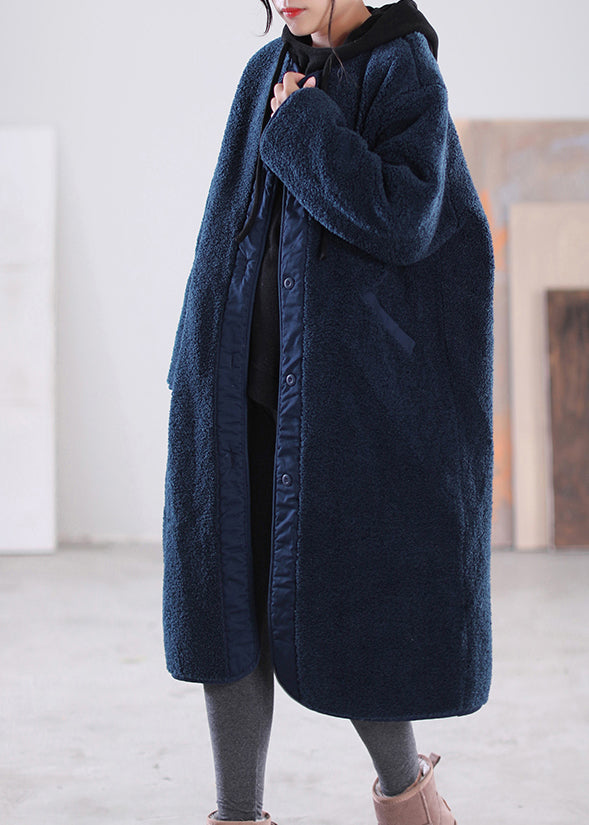 Loose Coffee O-neck Patchwork Button Pockets Faux Fur Coats Long Sleeve