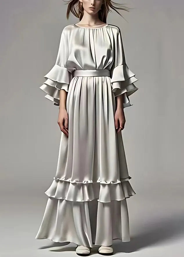 Grey Ruffled Tops and Skirts Silk Two Pieces Set Butterfly Sleeve