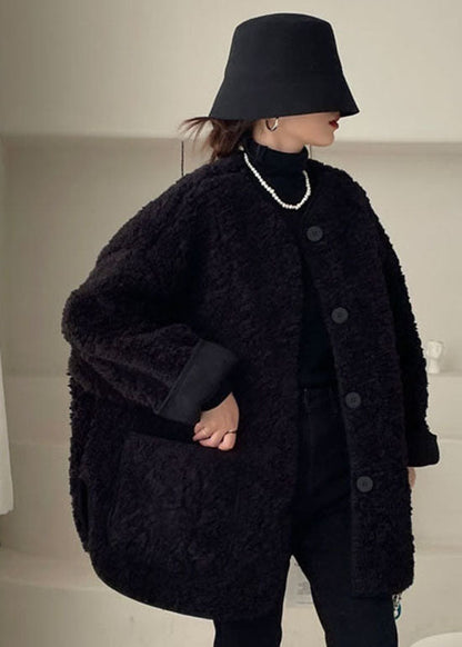 Black Pockets Faux Fur Jacket Winter