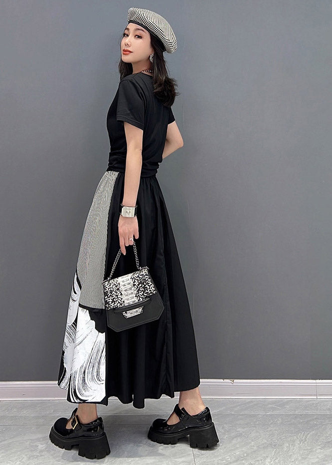 Black Pockets Print Patchwork Skirts Summer