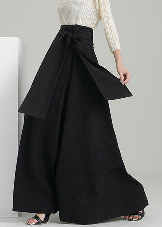 Black Tie Waist Wrinkled Maxi Skirts Spring