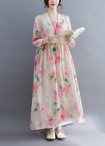 O-neck Cinched Print Vacation Dress Three Quarter Sleeve