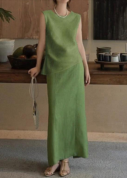 French Green O-neck Patchwork Linen Top and Maxi Skirts Two Pieces Set Sleeveless