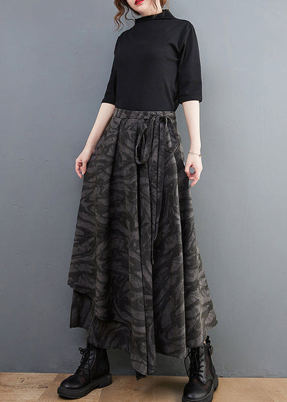 Handmade Black Elastic Waist Tie Waist Asymmetrical Print Skirt Spring
