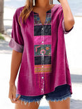 Women's Bohemian Floral Art Print Casual Cotton And Linen Shirt