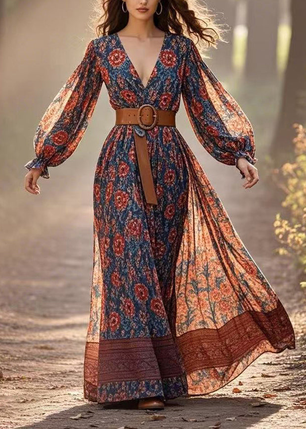 Red Patchwork Tunic Chiffon Long Dress Lantern Sleeve