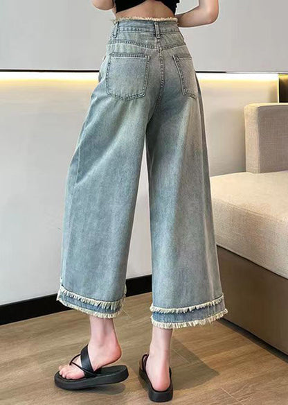 Blue Tasseled Pockets Denim Wide Leg Pants Spring