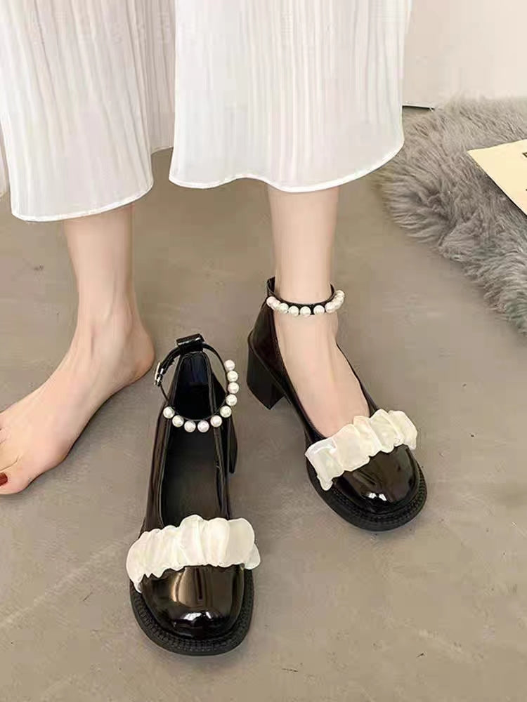 Black Nail Bead Buckle Strap Splicing Chunky Sandals