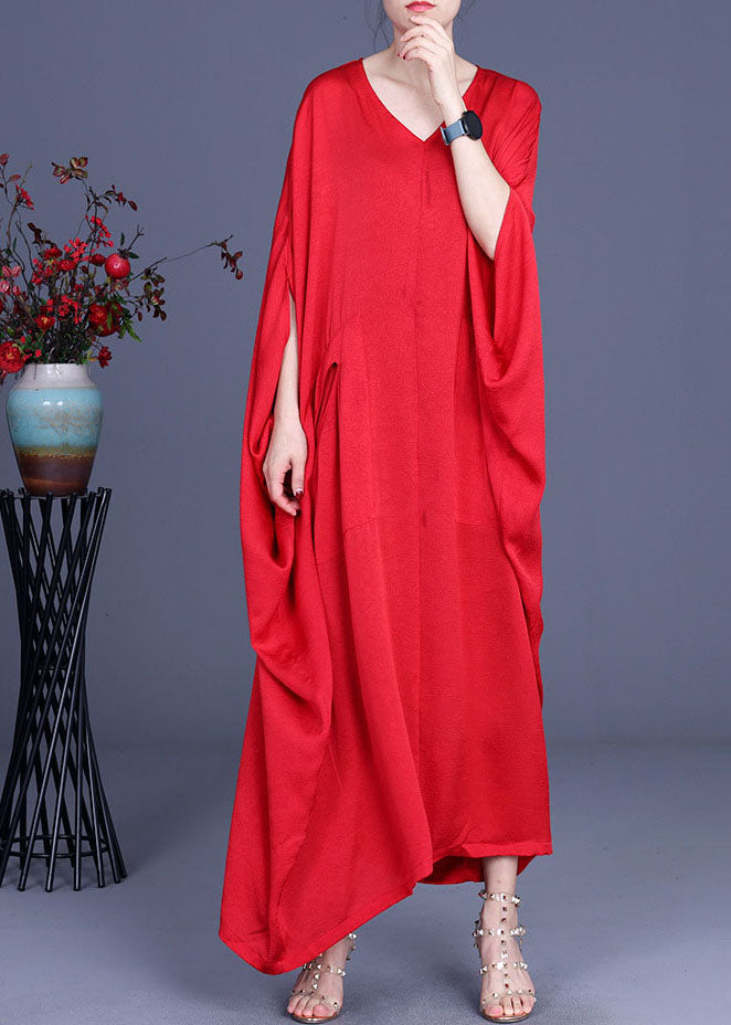 Red Bat Wing Sleeve Silk Maxi Dress V Neck
