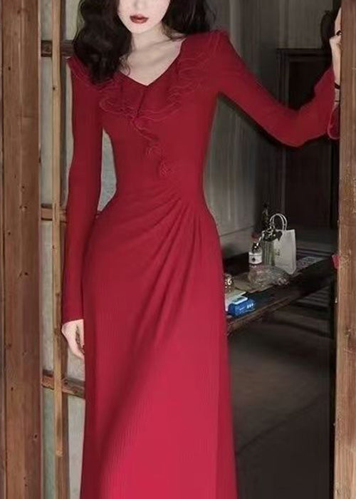 Slim Fit Red V Neck Cotton Long Dress Spring