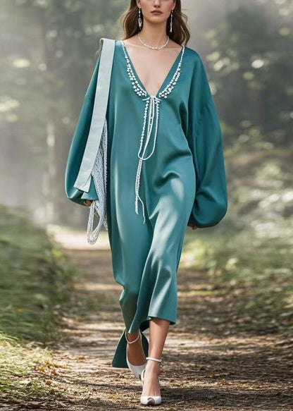 Loose Blue V Neck Patchwork Dress Spring