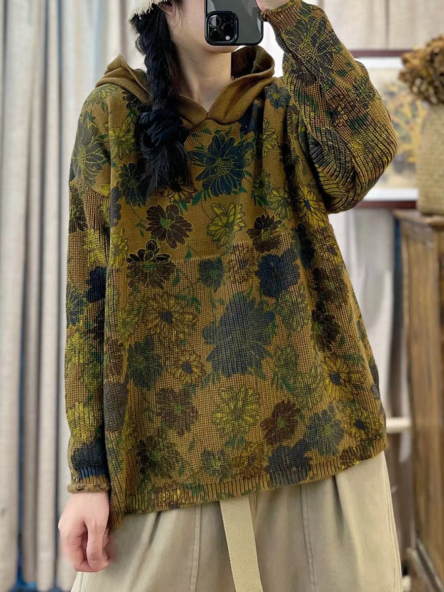 Autumn Cotton Print Hooded Loose Sweater