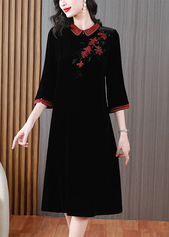 Green Peter Pan Collar Embroidered Silk Velour Long Dress Long Sleeve