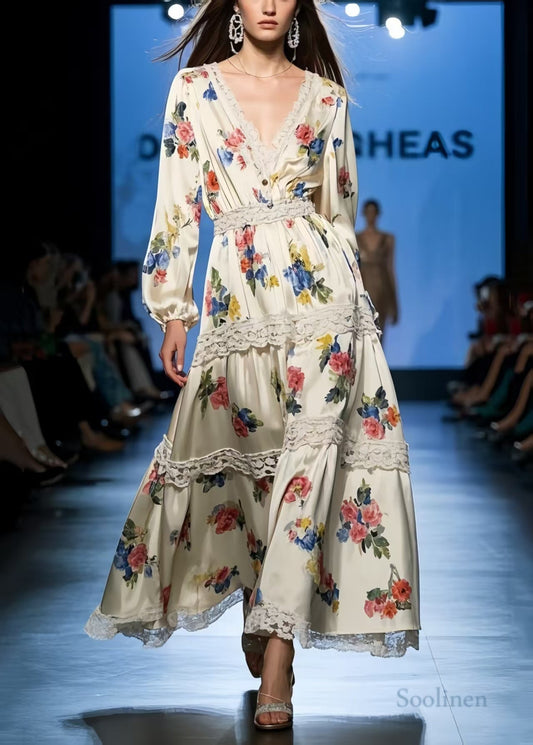 Diy Apricot Print Lace Patchwork Silk Holiday Dress Spring