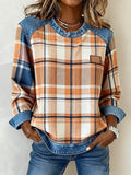Women'S Casual Round Neck Denim Patchwork Plaid Print Pullover Sweatshirt 