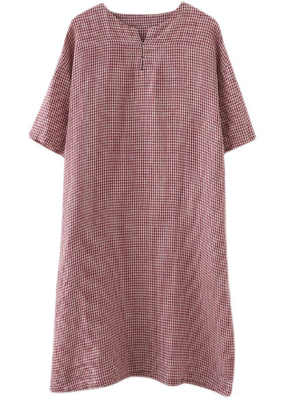 Red Pockets Plaid Cotton Vacation Dresses Short Sleeve