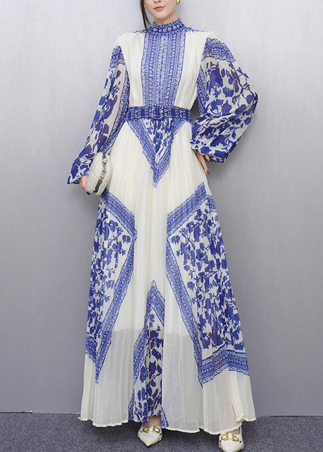 Blue Tunic Print Chiffon Pleated Dresses Summer