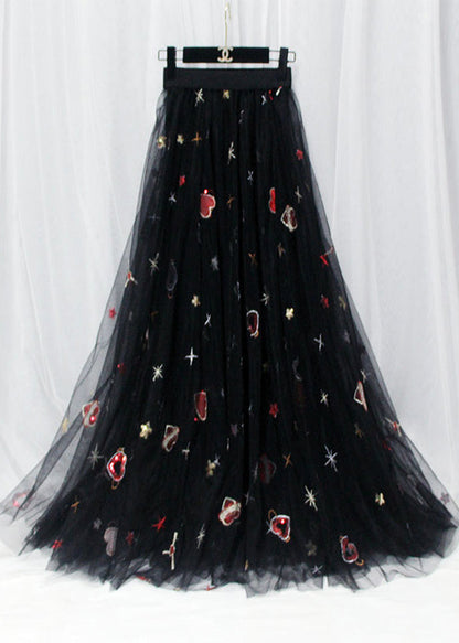 Black Hearts Embroideried Sequins Tulle Long Skirt Spring