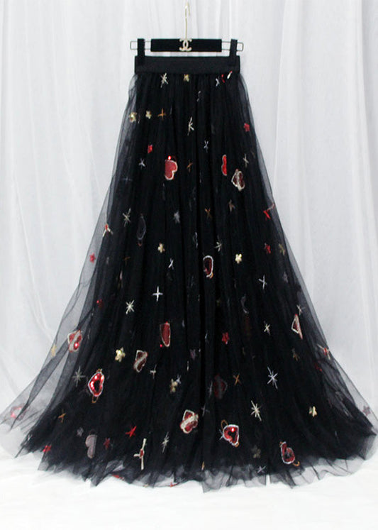 Black Hearts Embroideried Sequins Tulle Long Skirt Spring