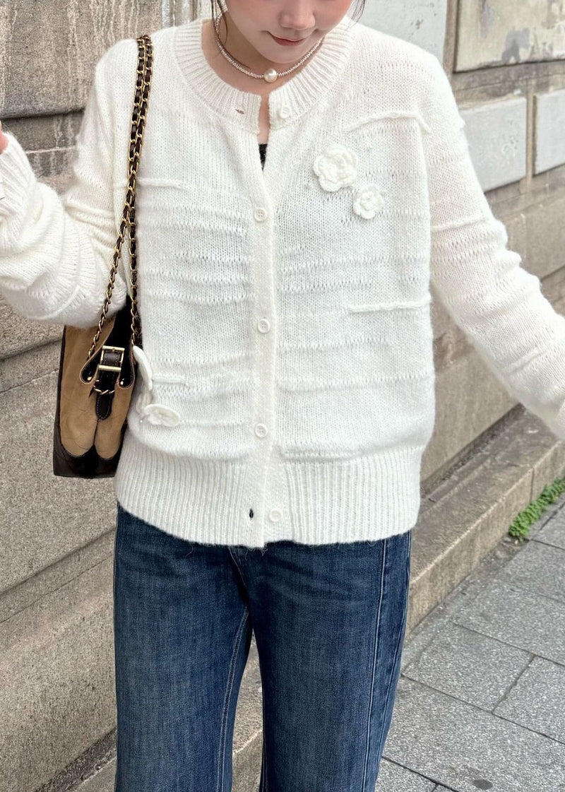 White O Neck Button Cozy Knit Coats Fall