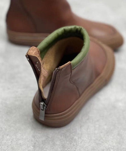 Coffee Zippered Boots Cowhide Leather Ankle Boots