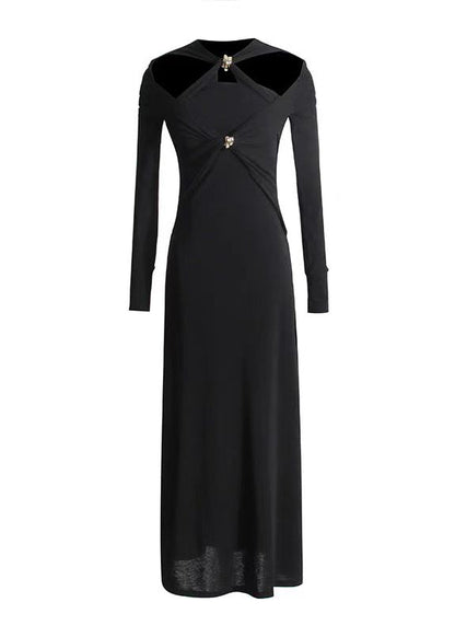 Italian Black Hollow Out Patchwork Cotton Long Dress Fall
