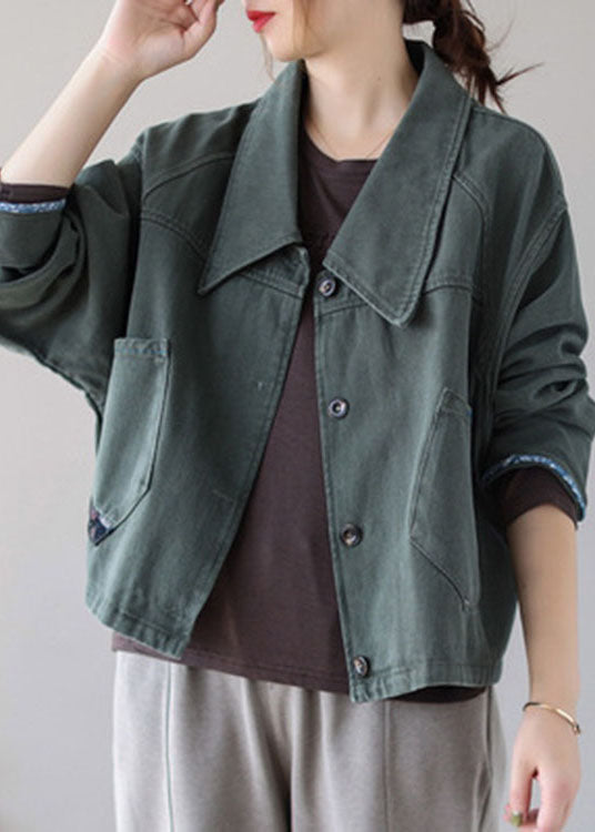 Green Button Patchwork Pockets Fall Denim Coat