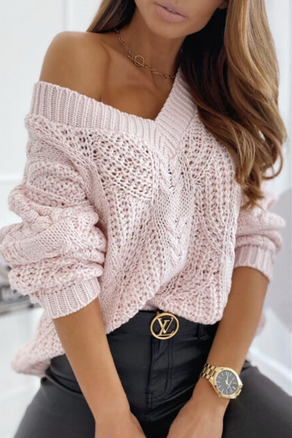Plain V-neck Hollow Out Sweater